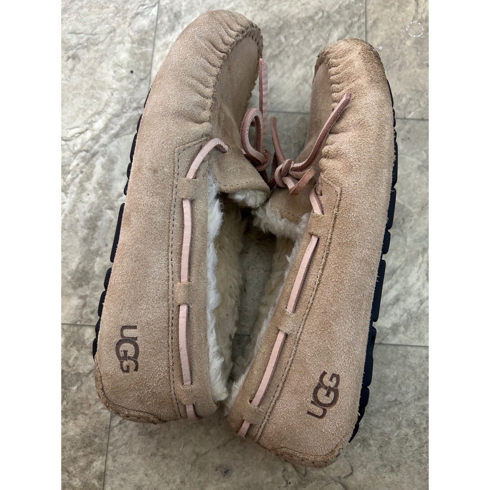 y2k UGG Australia Sheepskin Lined Moccasin Slippers Tan Pink Bow Size 5 - Picture 2 of 8